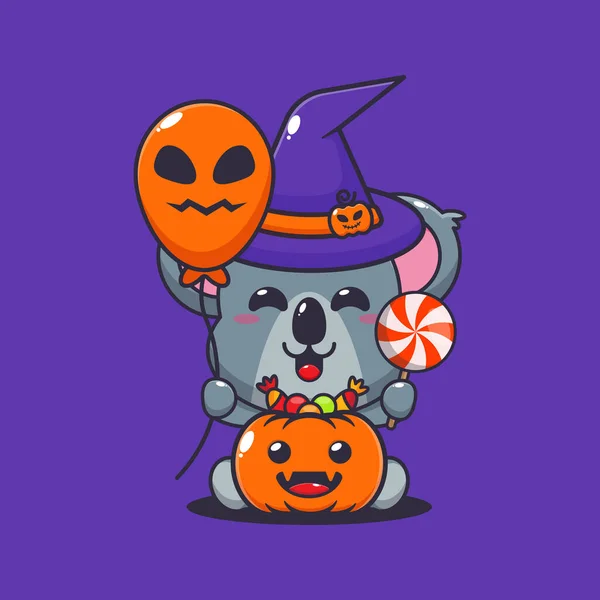 Čarodějnice Koala Drží Halloween Balón Sladkosti Roztomilá Halloween Kreslená Ilustrace — Stockový vektor