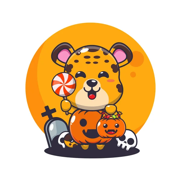 Roztomilý Leopard Halloweenským Kostýmem Dýně Roztomilá Halloween Kreslená Ilustrace Vektorové — Stockový vektor
