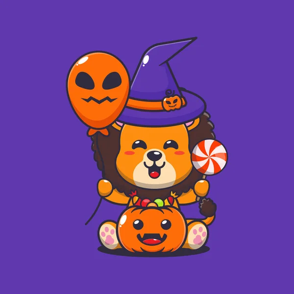 Hexenlöwe Mit Halloween Luftballon Und Süßigkeiten Nette Halloween Cartoon Illustration — Stockvektor