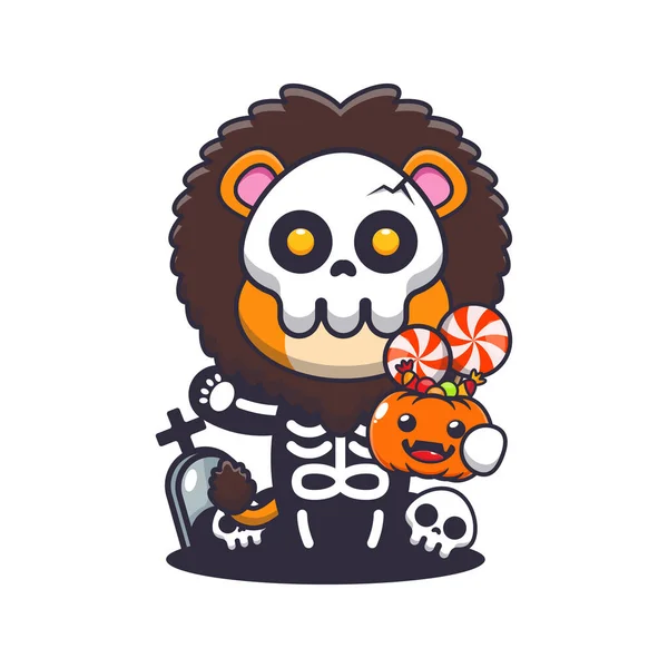 Cute Lion Skeleton Costume Holding Halloween Pumpkin Cute Halloween Cartoon — Stock Vector