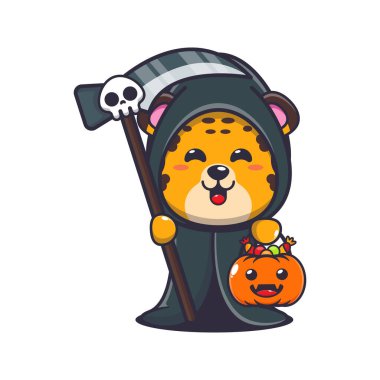 Tırpan ve cadılar bayramı balkabağı tutan Azrail leoparı. Tatlı cadılar bayramı karikatürü çizimi.