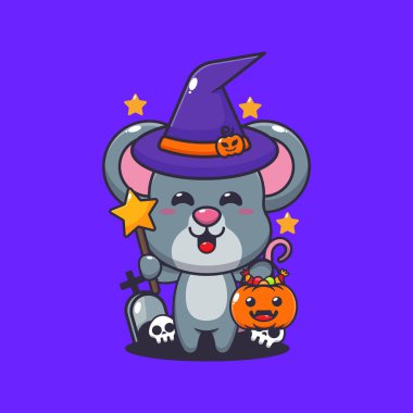 Cadılar Bayramı 'nda cadı fare. Tatlı cadılar bayramı karikatürü çizimi. 