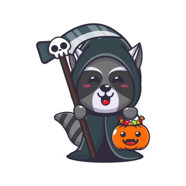 Tırpan ve cadılar bayramı balkabağı tutan Azrail rakunu. Tatlı cadılar bayramı karikatürü çizimi. 