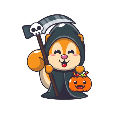 Tırpan ve cadılar bayramı balkabağı tutan Azrail sincabı. Tatlı cadılar bayramı karikatürü çizimi. 