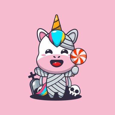 Anne tek boynuzlu at cadılar bayramı şekeri tutuyor. Tatlı cadılar bayramı karikatürü çizimi.