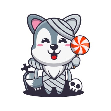 Cadılar Bayramı şekeri tutan anne kurt. Tatlı cadılar bayramı karikatürü çizimi.