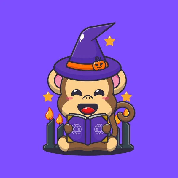 Witch Monkey Reading Spell Book Cute Halloween Cartoon Illustration — Stock Vector