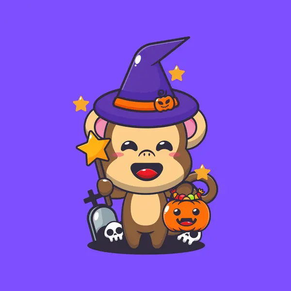 Witch Monkey Halloween Day Cute Halloween Cartoon Illustration — Stock Vector