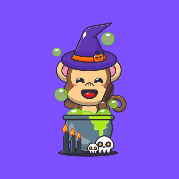 Witch Monkey Making Potion Halloween Day Cute Halloween Cartoon Illustration — Stock Vector