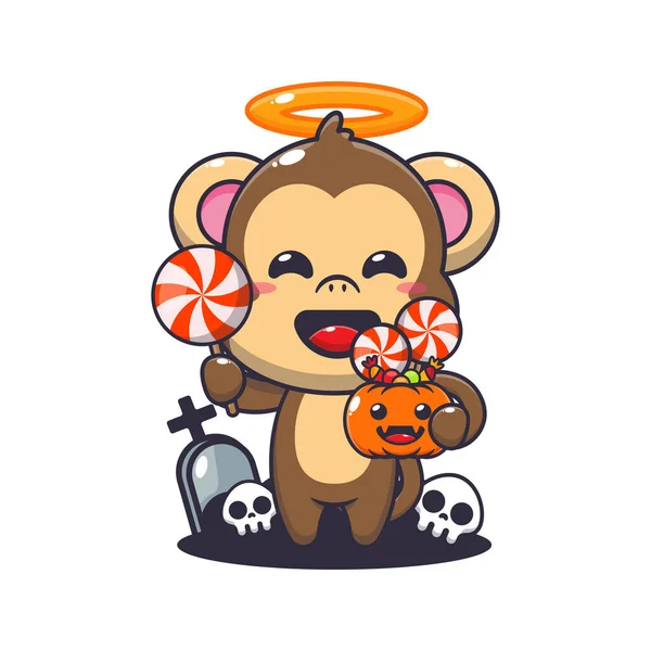Cute Anioł Małpa Trzymając Cukierki Dzień Halloween Cute Ilustracji Kreskówki — Wektor stockowy