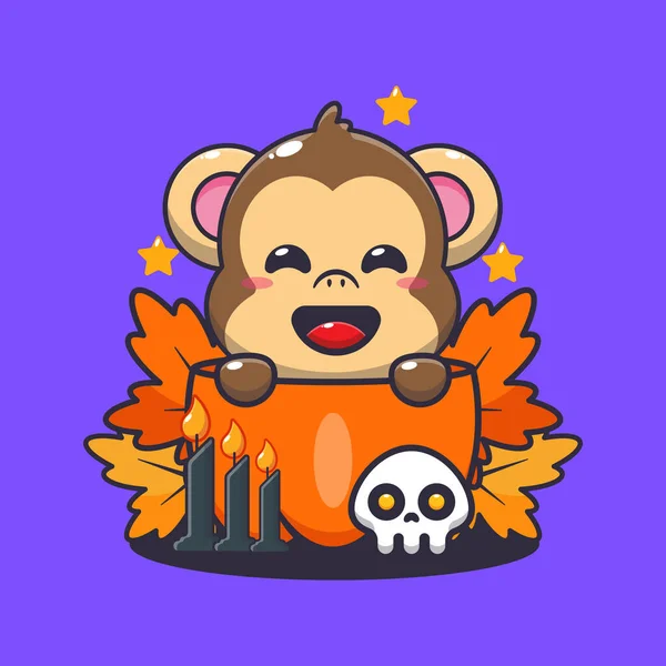 Słodka Małpa Halloween Dyni Cute Ilustracji Kreskówki Halloween — Wektor stockowy