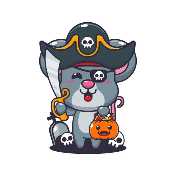 Topo Pirati Nel Giorno Halloween Carino Halloween Cartone Animato Illustrazione — Vettoriale Stock