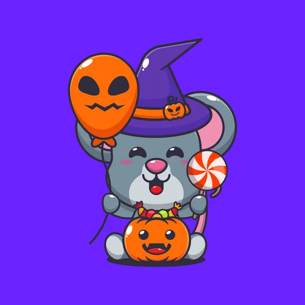 Boszorkány Egér Halloween Léggömbbel Cukorkával Aranyos Halloween Rajzfilm Illusztráció — Stock Vector