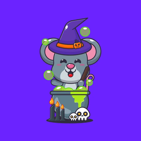 Witch Mouse Making Potion Halloween Day Cute Halloween Cartoon Illustration — Stock Vector