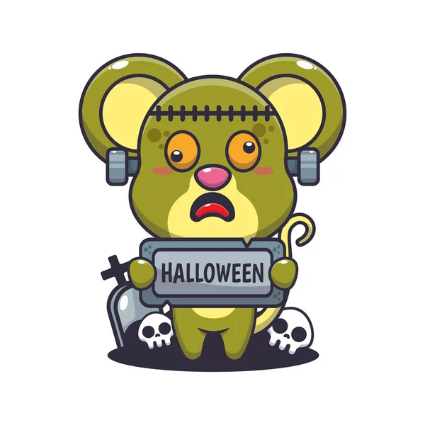 Zombie Myš Drží Halloween Pozdrav Kámen Roztomilé Halloween Kreslené Ilustrace — Stockový vektor