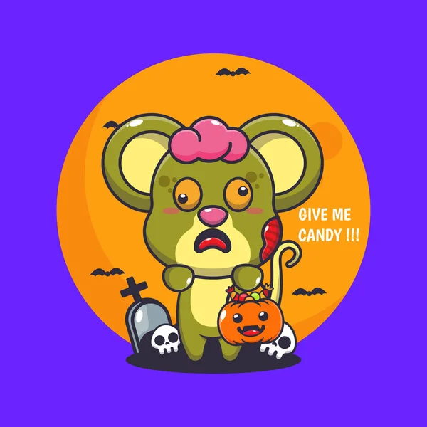 Zombie Mouse Want Candy Cute Halloween Cartoon Illustration — Stock Vector