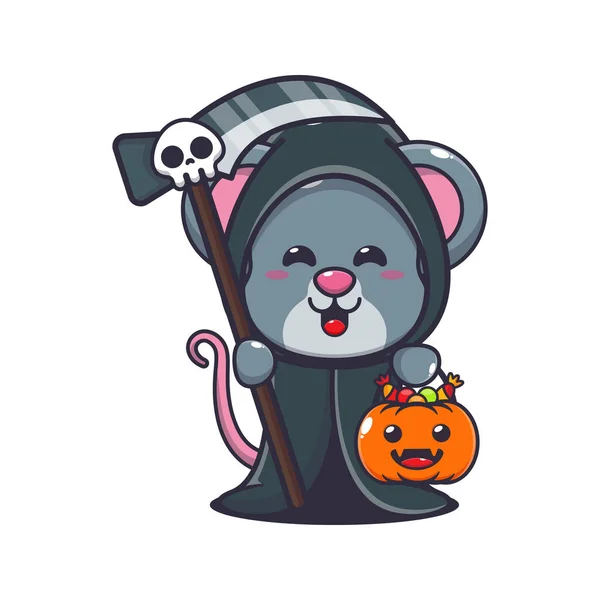 Grim Reaper Mouse Holding Scythe Halloween Pumpkin Cute Halloween Cartoon — Stock Vector