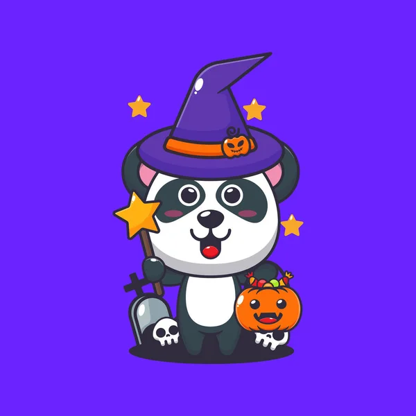 Cadılar Bayramı Nda Cadı Panda Tatlı Cadılar Bayramı Karikatürü Çizimi — Stok Vektör