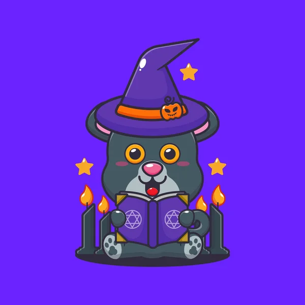 Pantera Strega Che Legge Libro Incantesimi Carino Halloween Cartone Animato — Vettoriale Stock