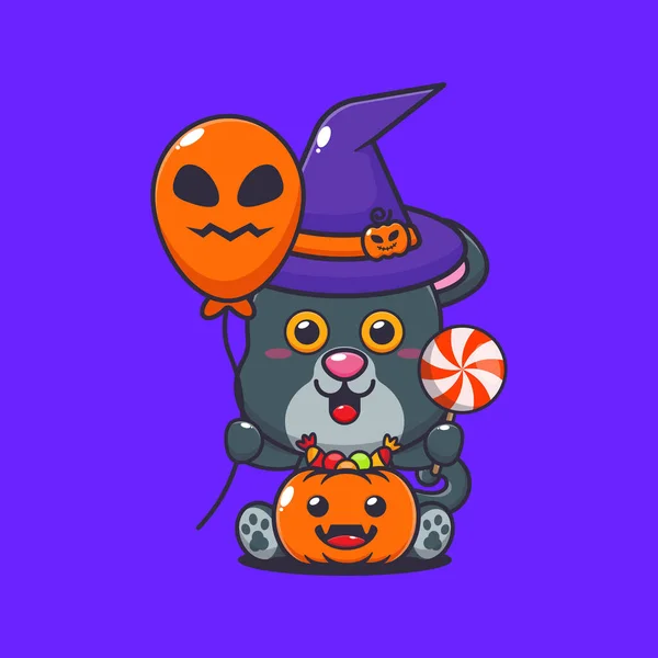 Pantera Bruxa Segurando Balão Halloween Doces Bonito Halloween Desenho Animado — Vetor de Stock