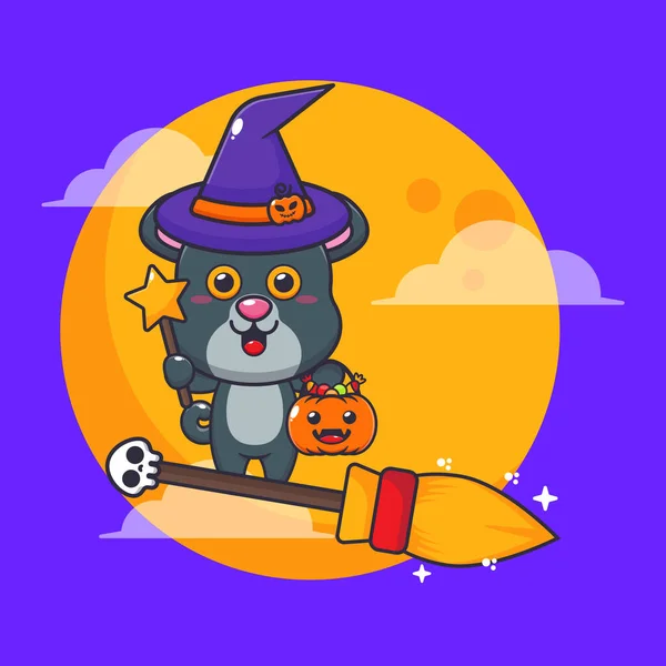 Čarodějný Panter Létá Koštětem Halloweenské Noci Roztomilé Halloween Kreslené Ilustrace — Stockový vektor