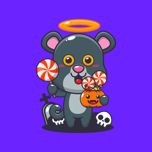 Cute Pantera Anioł Trzymając Cukierki Dzień Halloween Cute Ilustracji Kreskówki — Wektor stockowy