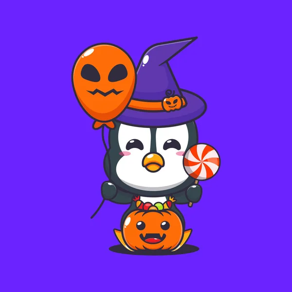 Čaroděj Tučňák Drží Halloween Balón Cukroví Roztomilé Halloween Kreslené Ilustrace — Stockový vektor