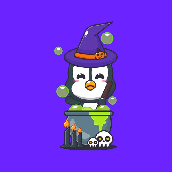Witch Penguin Making Potion Halloween Day Cute Halloween Cartoon Illustration — Stock Vector