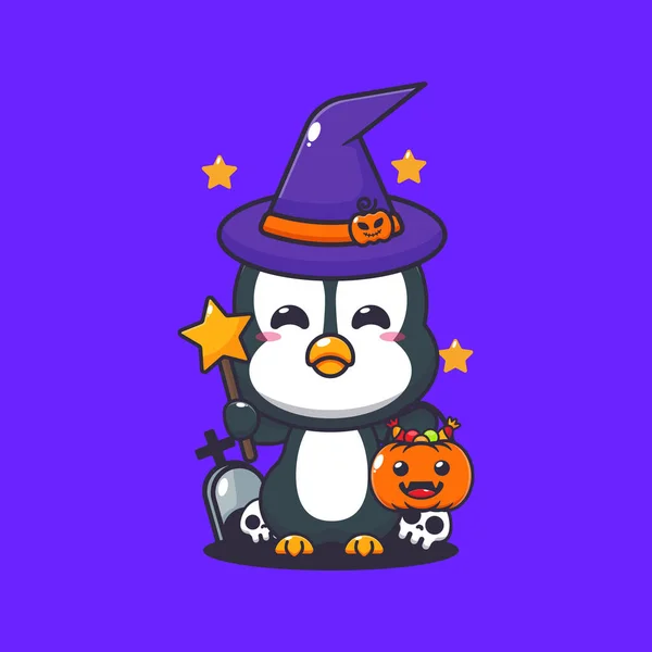 Tučňák Čarodějný Halloweenském Dni Roztomilé Halloween Kreslené Ilustrace — Stockový vektor