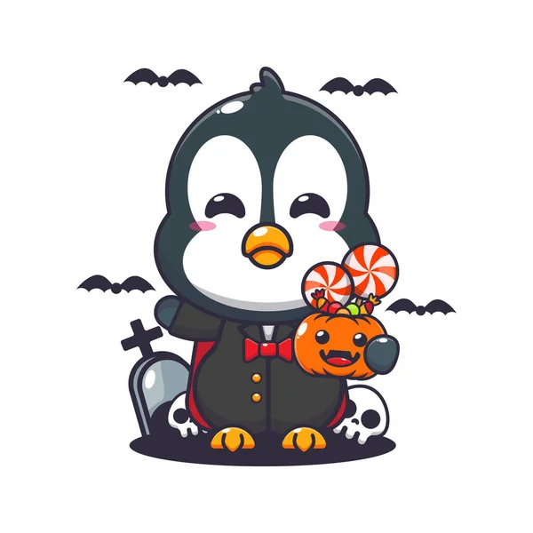 Pinguim Vampiro Com Abóbora Dia Das Bruxas Bonito Halloween Desenho —  Vetores de Stock