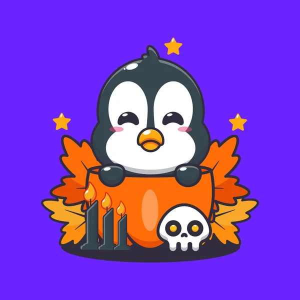Carino Pinguino Nella Zucca Halloween Carino Halloween Cartone Animato Illustrazione — Vettoriale Stock