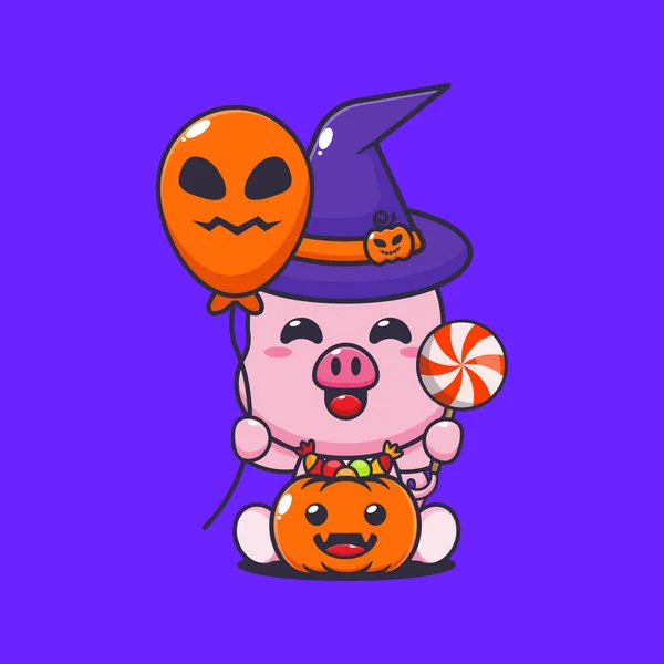 Hexenschwein Mit Halloween Luftballon Und Süßigkeiten Niedliche Halloween Karikatur — Stockvektor