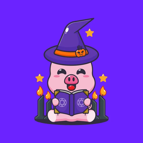 Sorcière Porc Lisant Livre Sorts Jolie Illustration Dessin Animé Halloween — Image vectorielle