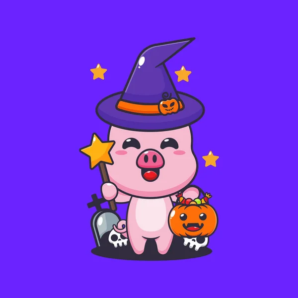 Boszorkánymalac Halloweenkor Aranyos Halloween Rajzfilm Illusztráció — Stock Vector