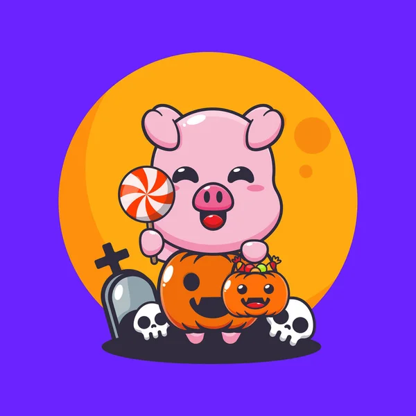 Niedliches Schwein Mit Halloween Kürbiskostüm Niedliche Halloween Karikatur — Stockvektor
