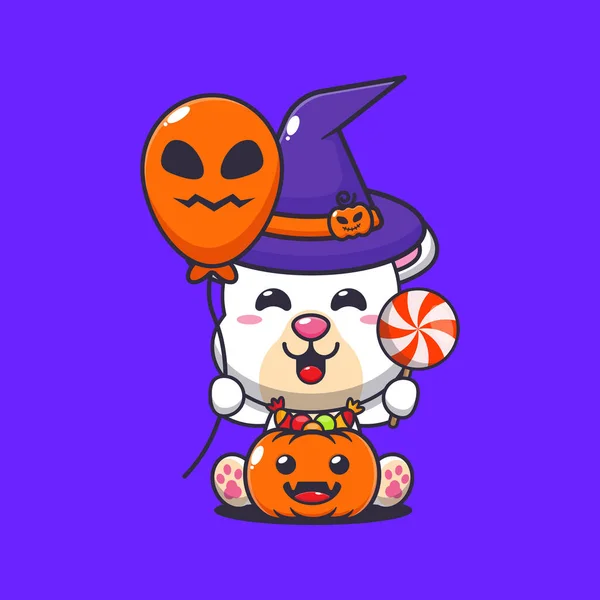 Čarodějný Lední Medvěd Držící Halloween Balónek Sladkosti Roztomilé Halloween Kreslené — Stockový vektor