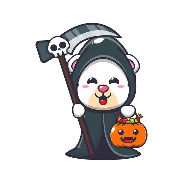 Smutný Lední Medvěd Držící Kosu Halloweenskou Dýni Roztomilé Halloween Kreslené — Stockový vektor