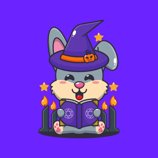 Witch Rabbit Reading Spell Book Cute Halloween Cartoon Illustration — Stock Vector