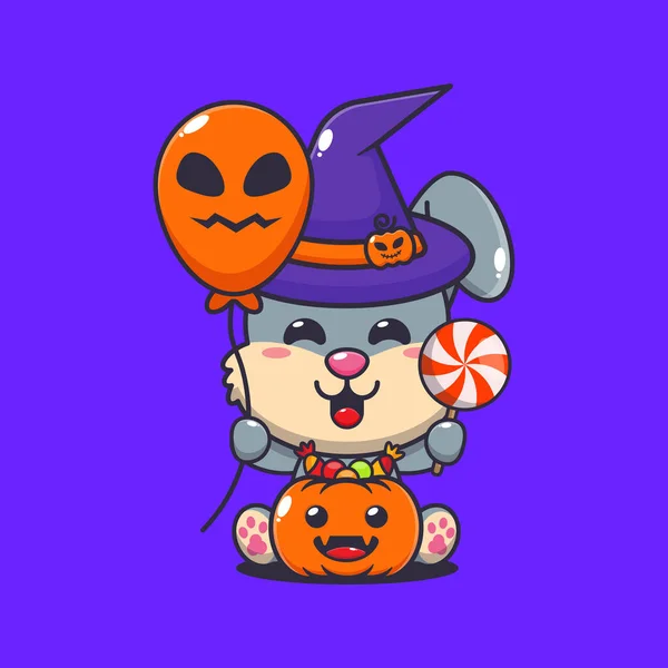 Králík Čarodějnice Drží Halloween Balón Sladkosti Roztomilé Halloween Kreslené Ilustrace — Stockový vektor