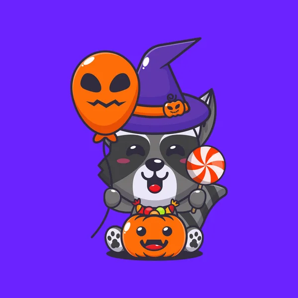 Hexe Waschbär Mit Halloween Luftballon Und Süßigkeiten Niedliche Halloween Karikatur — Stockvektor