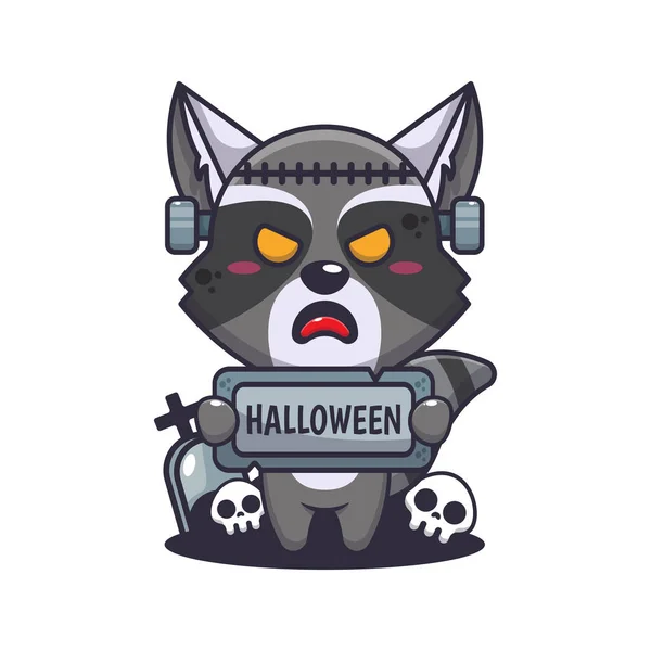 Raton Laveur Zombie Tenant Halloween Saluant Pierre Jolie Illustration Dessin — Image vectorielle