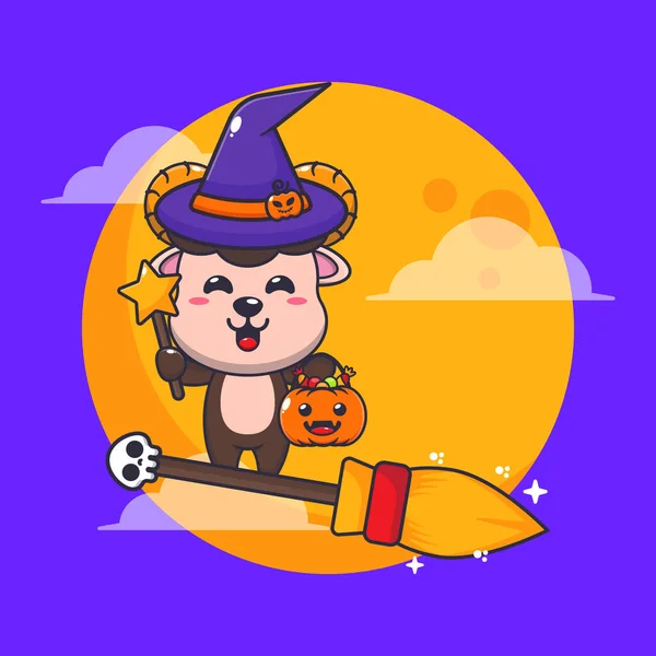 Čarodějnice Beran Ovce Létat Koštětem Halloween Noci Roztomilé Halloween Kreslené — Stockový vektor