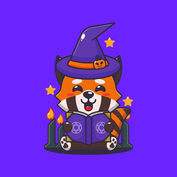 Čarodějnice Červená Panda Čte Knihu Kouzel Roztomilé Halloween Kreslené Ilustrace — Stockový vektor