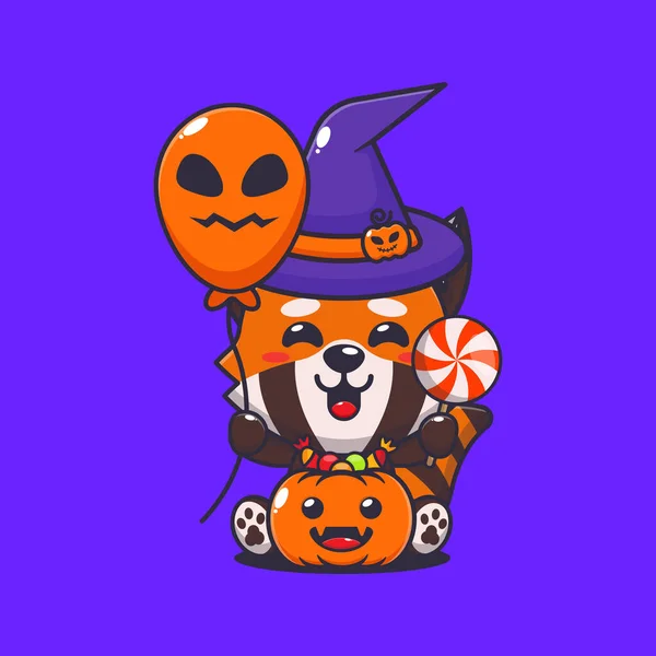 Heksenrode Panda Met Halloween Ballon Snoep Leuke Halloween Cartoon Illustratie — Stockvector