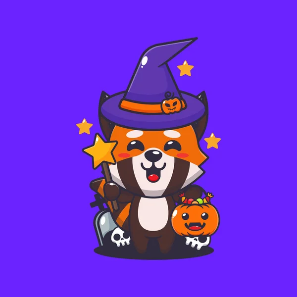 Čarodějnice Červená Panda Halloweenském Dni Roztomilé Halloween Kreslené Ilustrace — Stockový vektor