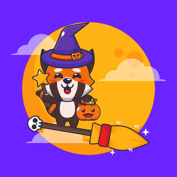 Panda Vermelho Bruxa Voar Com Vassoura Noite Halloween Bonito Halloween — Vetor de Stock