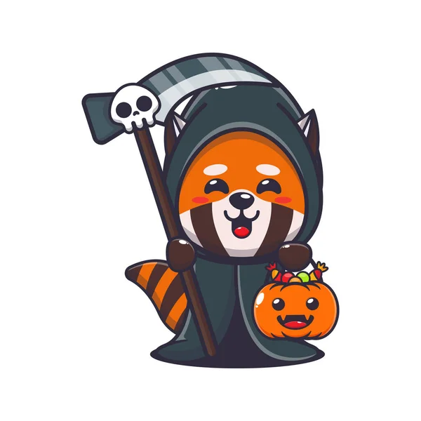 Tristo Mietitore Panda Rosso Con Falce Zucca Halloween Carino Halloween — Vettoriale Stock