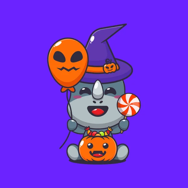Čaroděj Nosorožec Drží Halloween Balón Sladkosti Roztomilé Halloween Kreslené Ilustrace — Stockový vektor