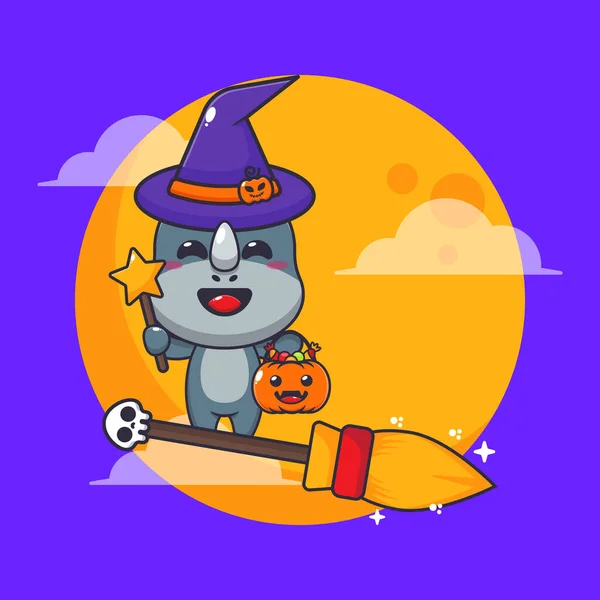 Čarodějnický Nosorožec Koštětem Halloweenské Noci Roztomilé Halloween Kreslené Ilustrace — Stockový vektor