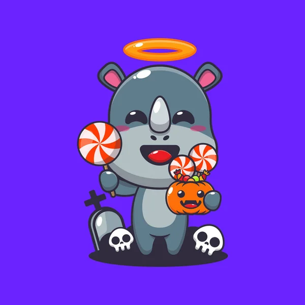 Słodki Anioł Nosorożec Trzyma Maczetę Dzień Halloween Cute Ilustracji Kreskówki — Wektor stockowy